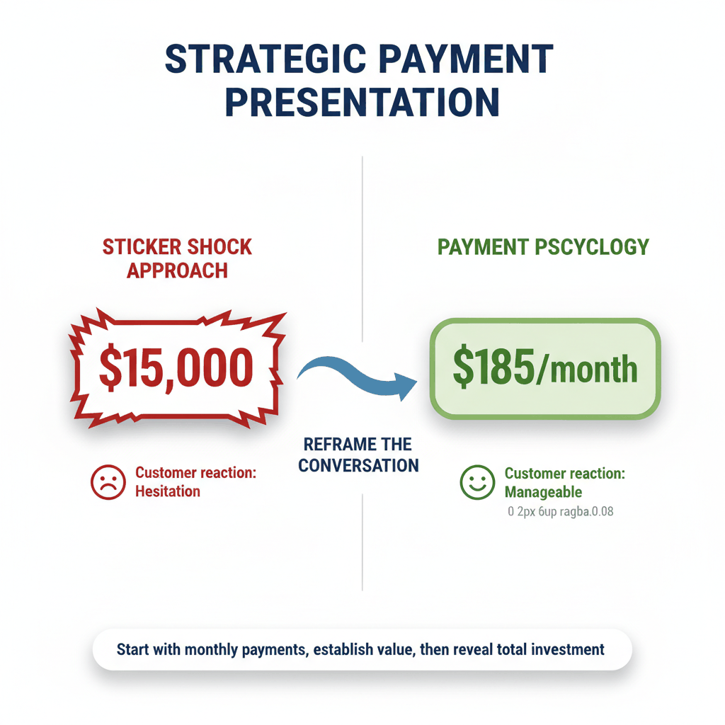 HVAC payment psychology comparison showing monthly payments versus total price sticker shock effects on customer reactions