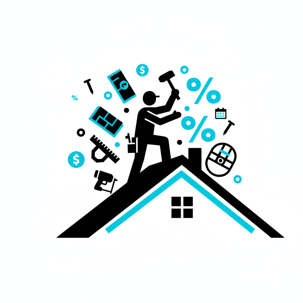 Bold graphic illustration of roofer installing shingles with promotional symbols - Advanced Roofing Promotions Strategic Campaigns