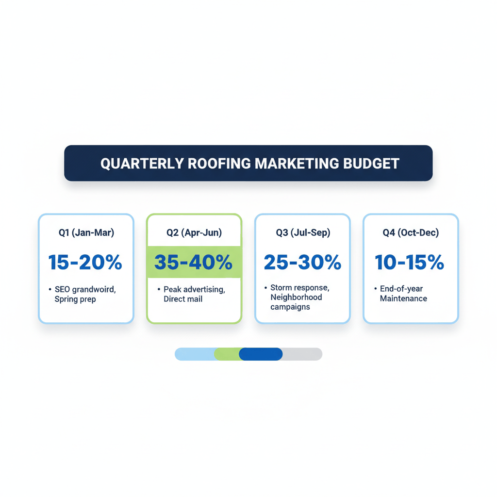 Quarterly roofing marketing budget allocation dashboard showing Q2 peak season focus of 35-40% - strategic promotion timing