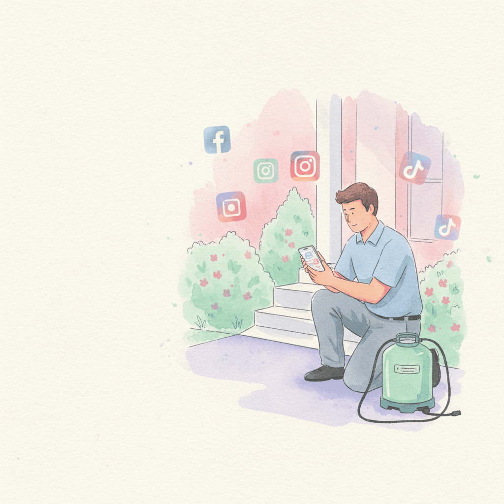 Watercolor illustration of pest control professional using social media marketing on smartphone - pest control social media marketing