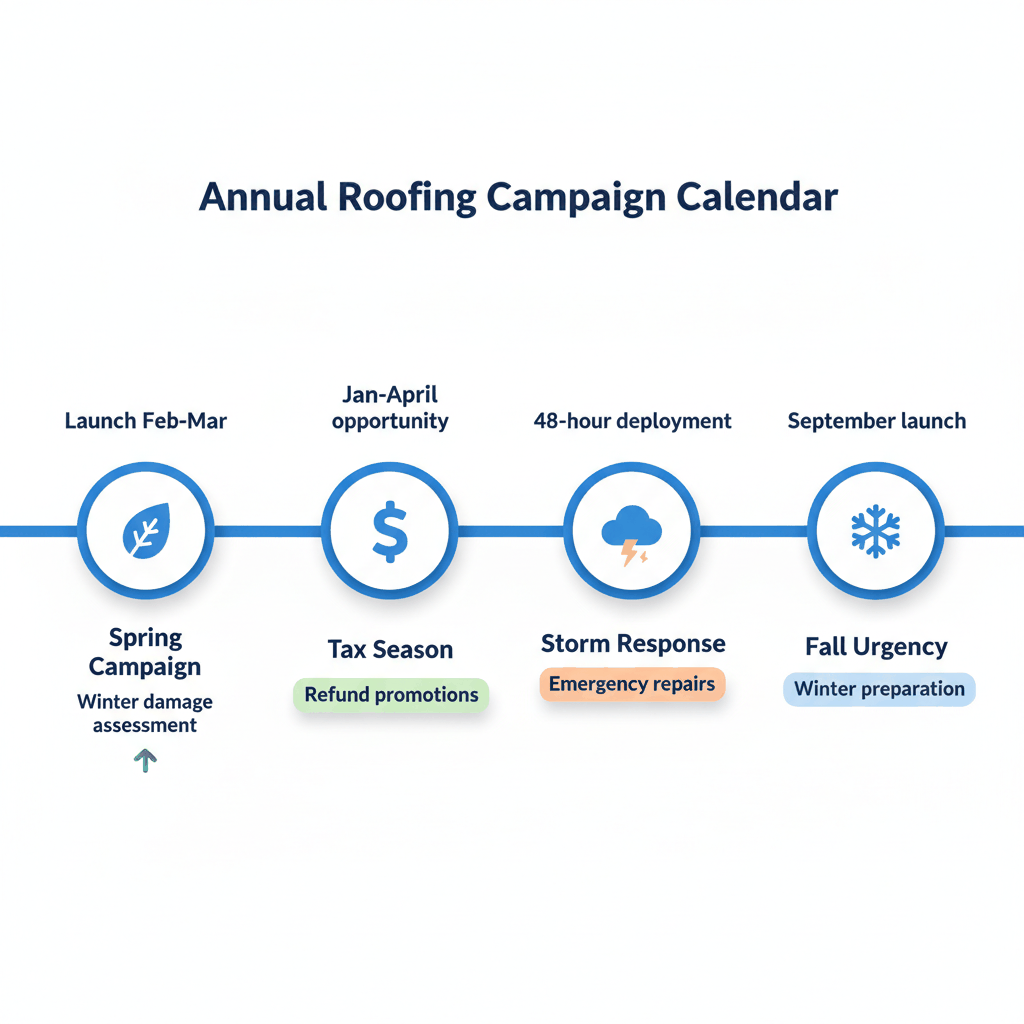 Annual roofing campaign timeline showing seasonal promotion strategy from spring launch to fall urgency campaigns
