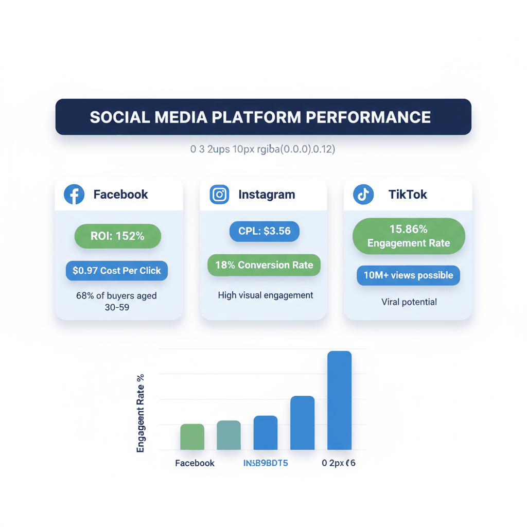 Social media platform performance comparison showing Facebook ROI, Instagram costs, and TikTok engagement rates for pest control marketing