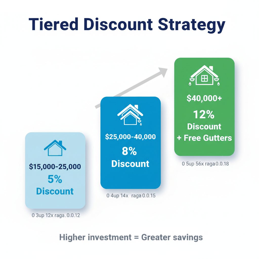 Three-tier discount structure showing 5% to 12% savings plus free gutters for higher investment levels - advanced roofing promotions