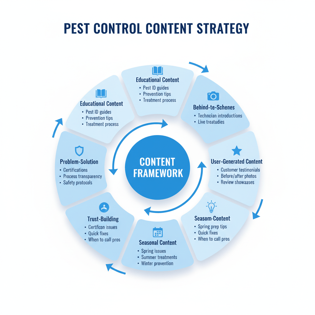 Content framework strategy wheel showing six types of social media content for pest control companies including educational, behind-the-scenes, and user-generated content