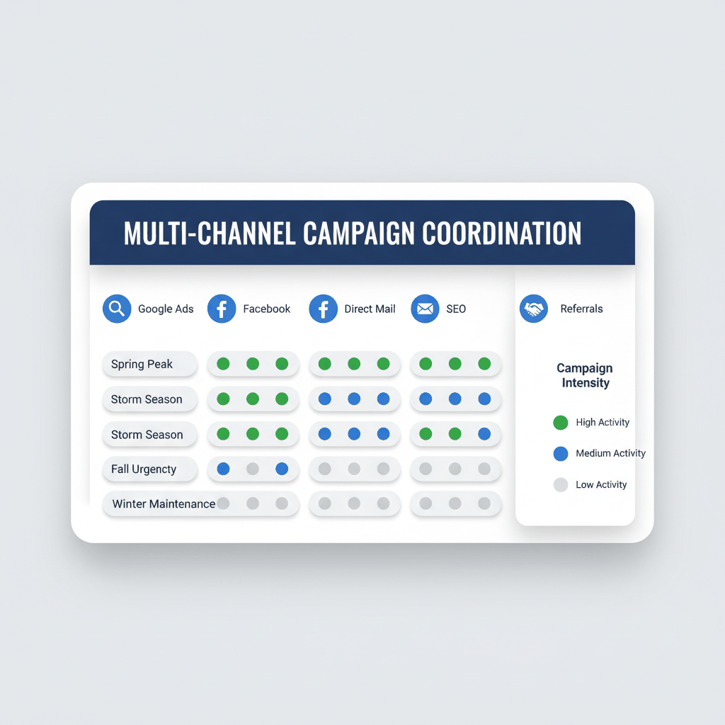 Multi-channel roofing campaign coordination matrix showing seasonal activity levels across Google Ads Facebook Direct Mail SEO and Referrals