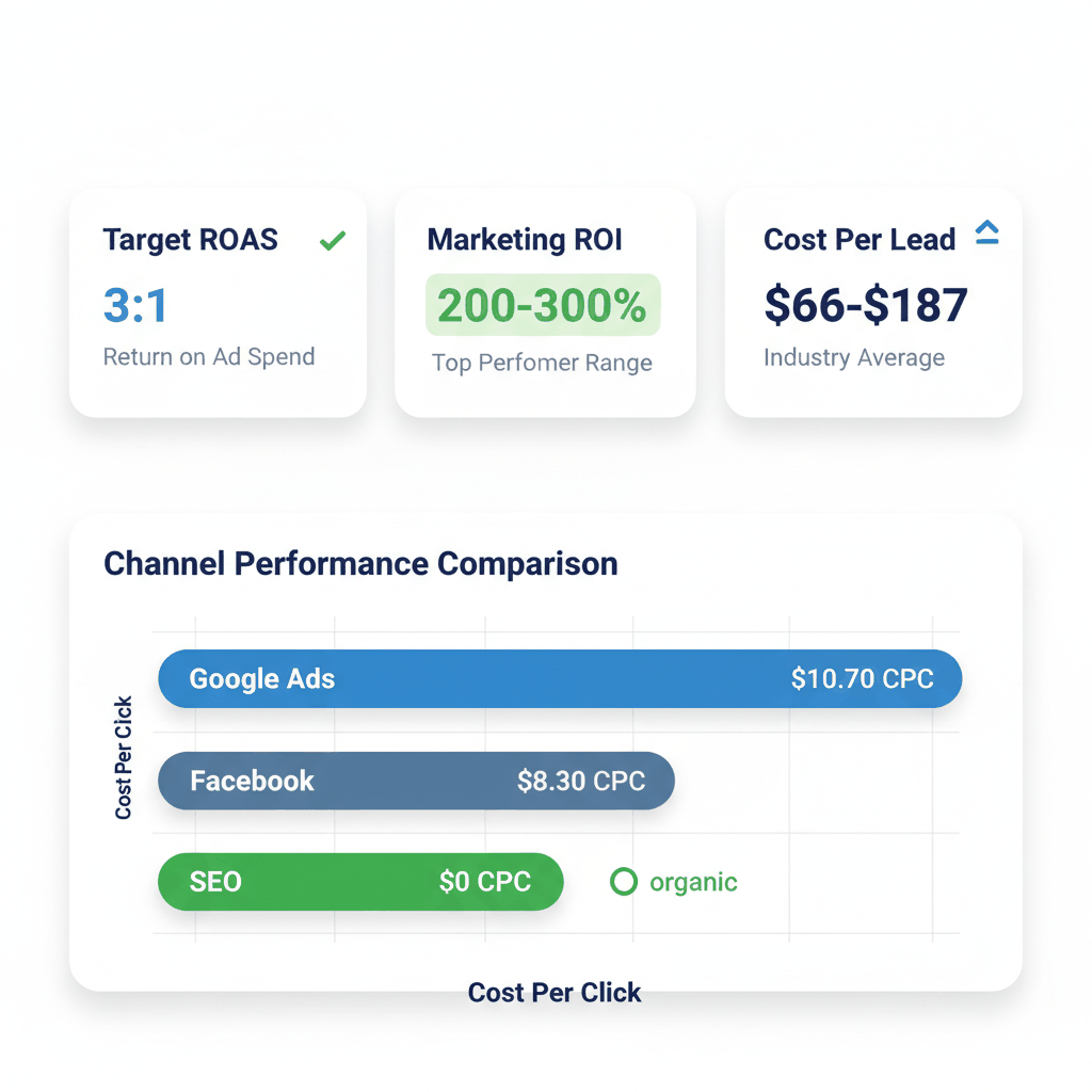 ROI performance dashboard showing 3:1 ROAS targets 200-300% marketing ROI and cost per lead benchmarks for roofing promotions
