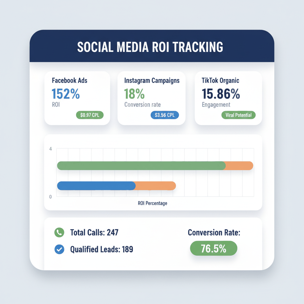 ROI tracking dashboard displaying Facebook 152% ROI, Instagram conversion rates, and TikTok engagement metrics for pest control social media campaigns