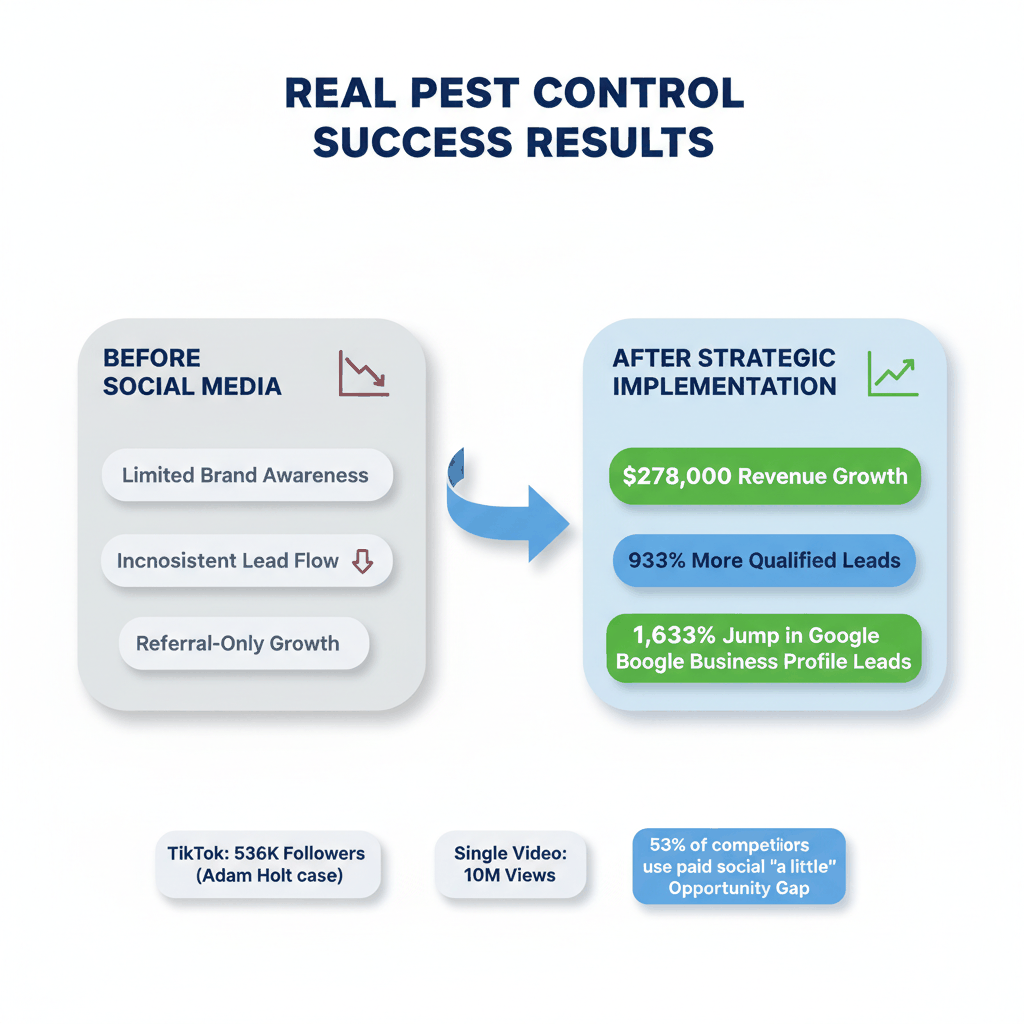 Before and after comparison showing pest control social media marketing success results including $278,000 revenue growth and 933% more qualified leads