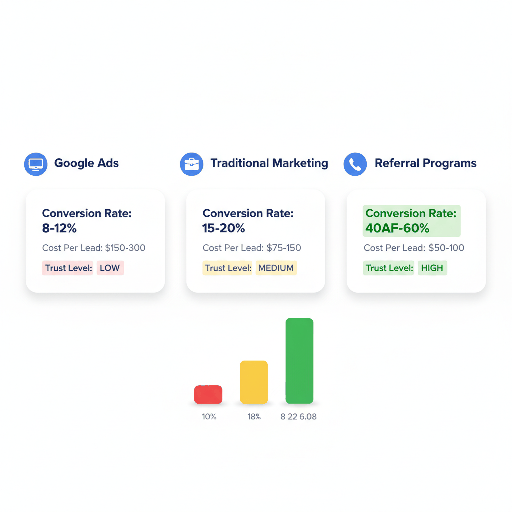 Moving company referral program performance comparison showing 40-60% conversion rates vs Google ads at 8-12%