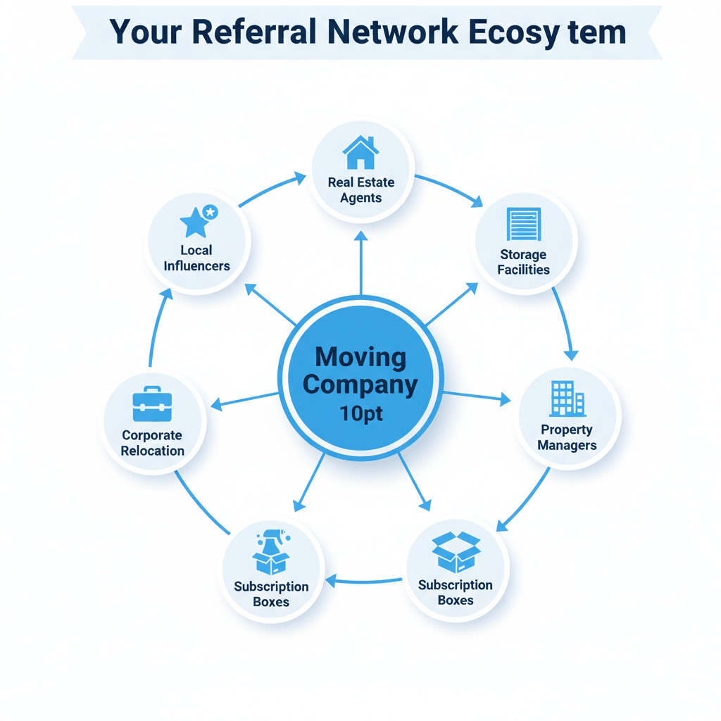 Moving company partnership network diagram showing 8 referral sources including real estate agents and subscription box services