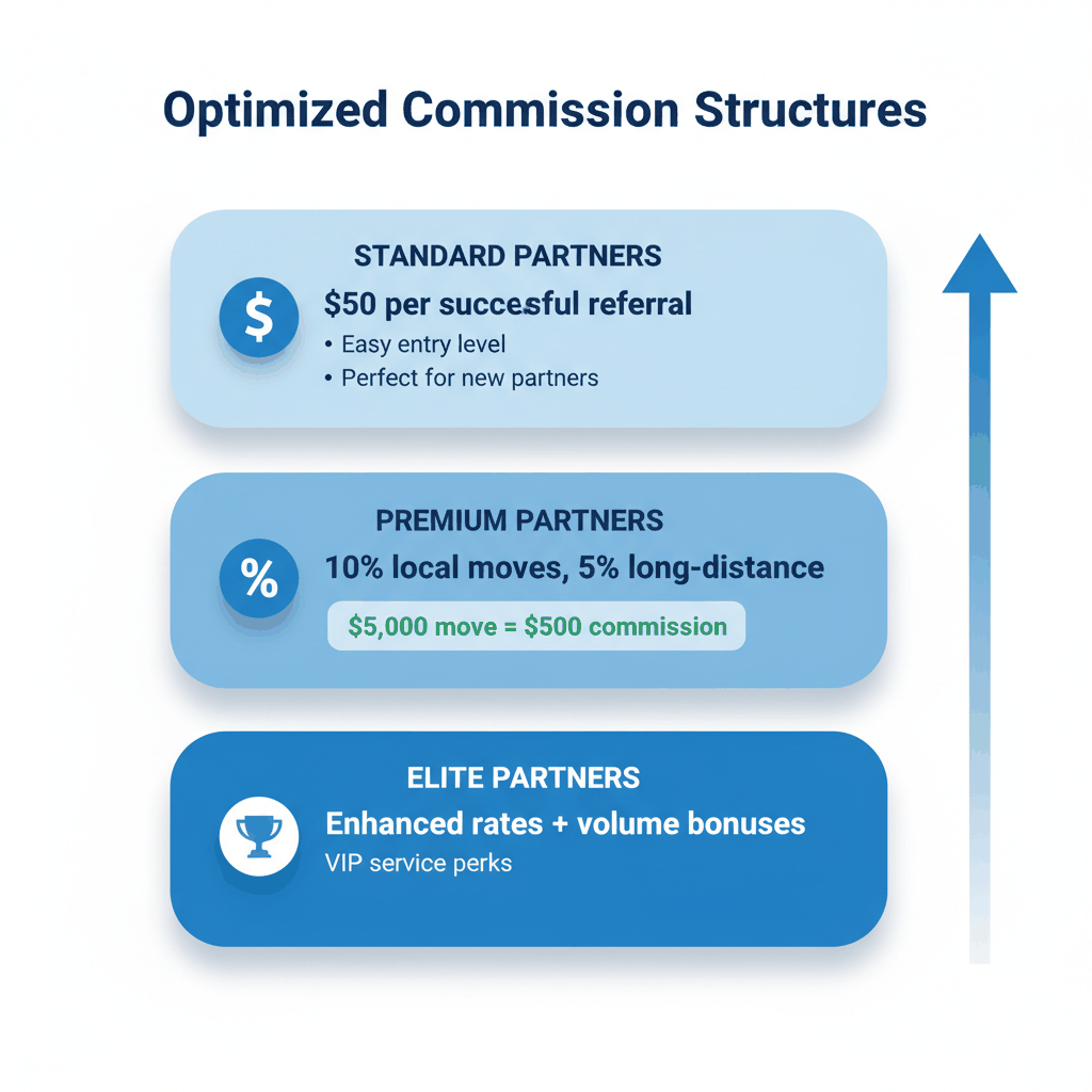 Moving company referral commission structure showing $50 standard rate up to 10% premium partner commissions