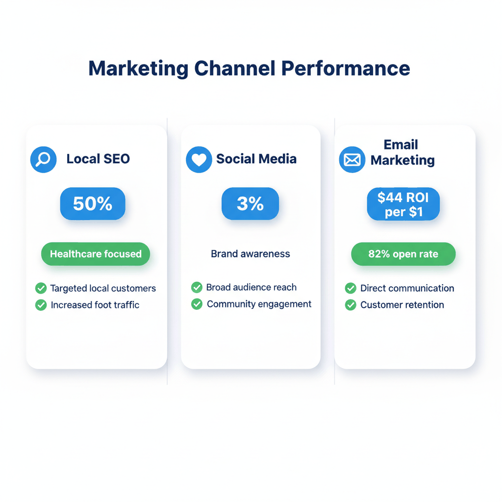 Dental marketing conversion rate comparison showing Local SEO at 50%, Social Media at 3%, and Email Marketing ROI