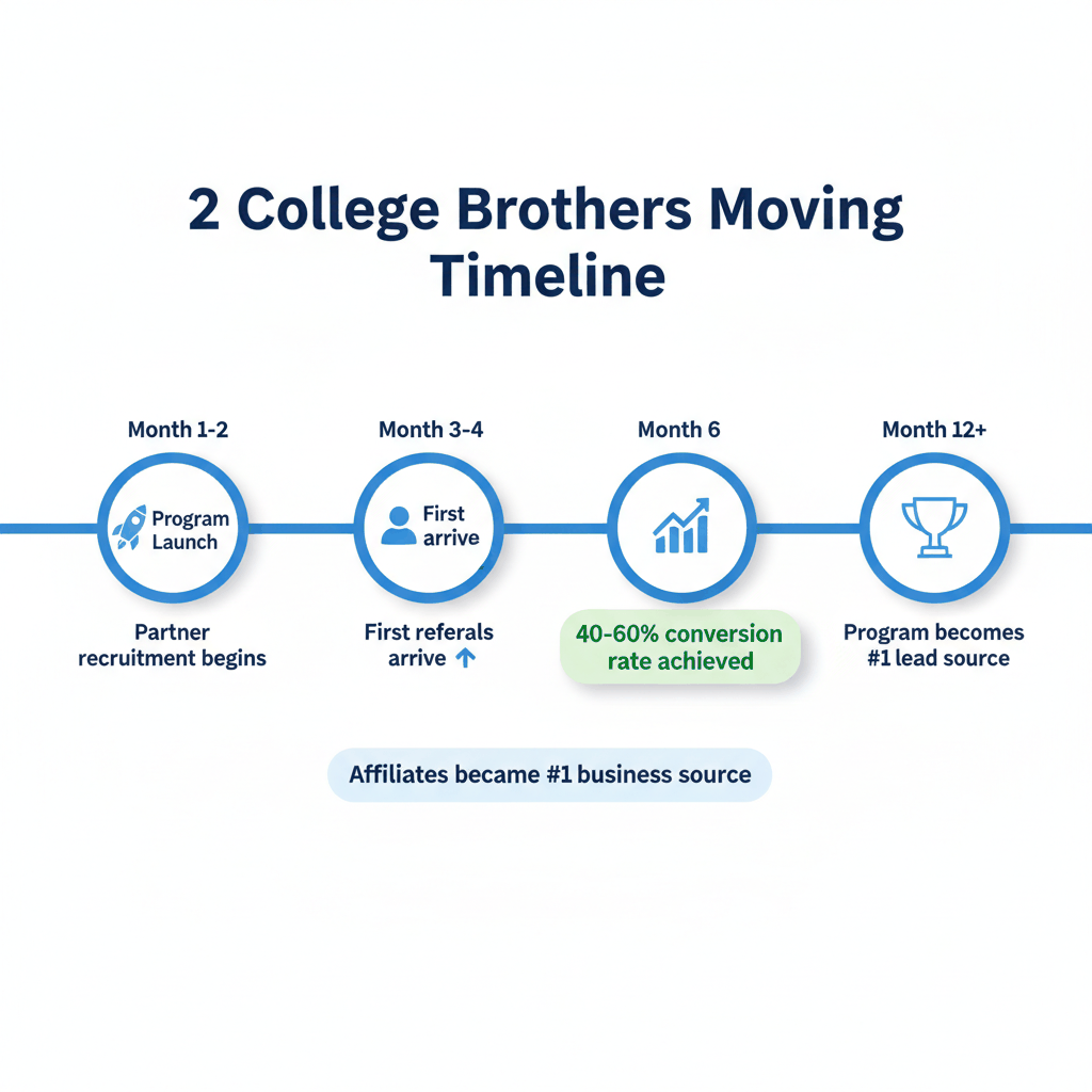 Moving company referral program success timeline showing 40-60% conversion rates by month 6