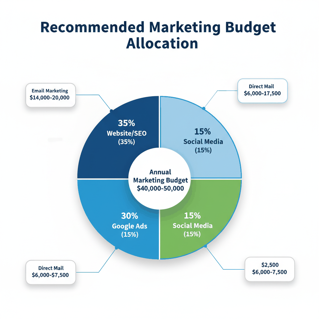 Dental practice marketing budget allocation pie chart showing Website/SEO 35%, Google Ads 30%, Social Media 15%, Direct Mail 15%, Email Marketing 5%