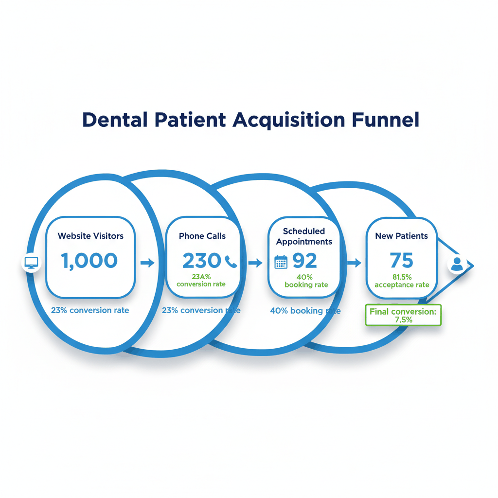 Dental patient acquisition funnel showing conversion from 1000 website visitors to 75 new patients through phone calls and appointments