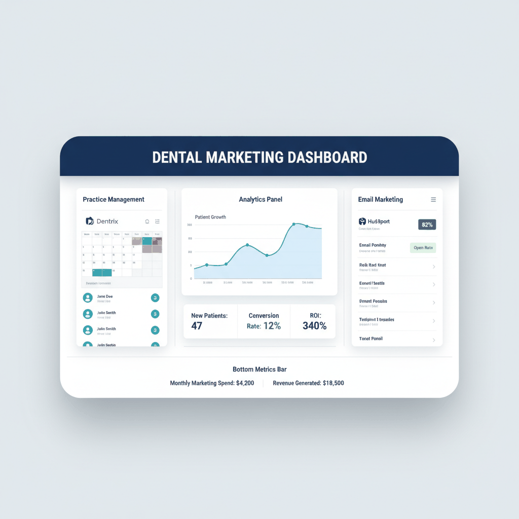 Dental marketing tools dashboard showing Dentrix practice management, analytics with 47 new patients, and HubSpot email marketing interface