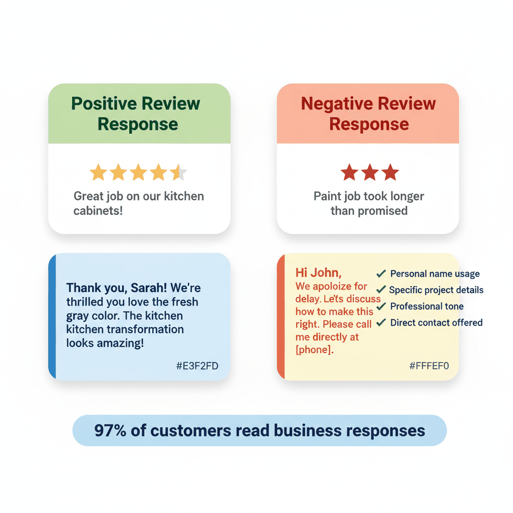 Side-by-side comparison of effective positive and negative review response templates for painting contractors