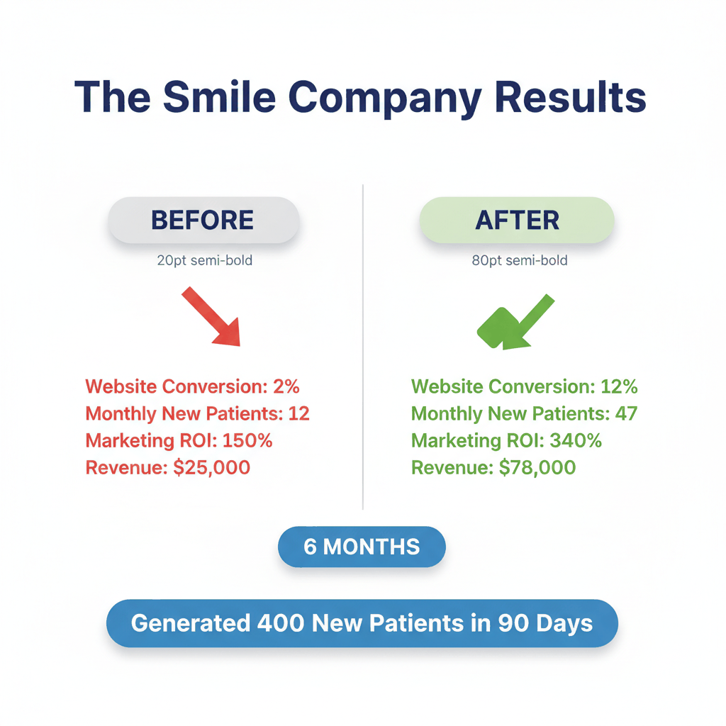 Dental practice success story showing improvement from 2% to 12% website conversion and 12 to 47 monthly new patients in 6 months