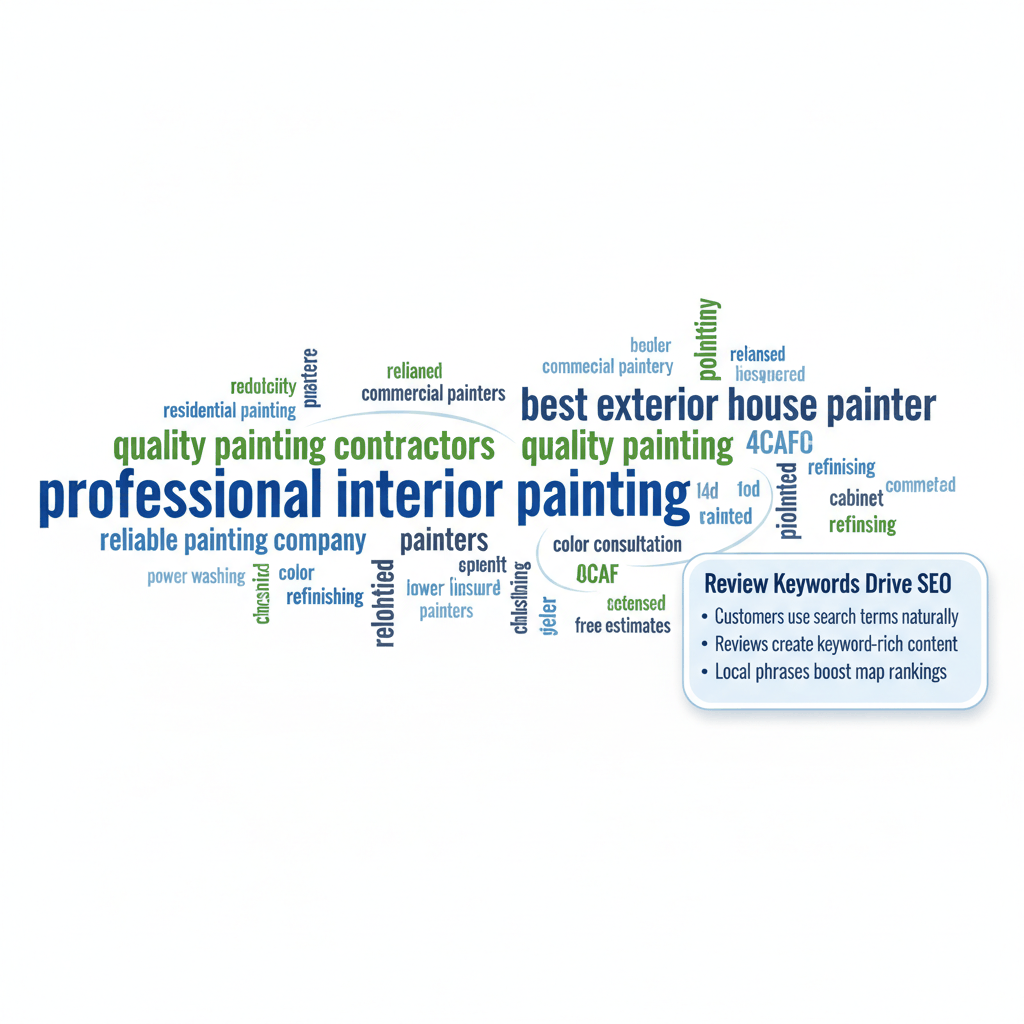 Word cloud showing natural keyword phrases that appear in painting contractor reviews and boost local SEO rankings
