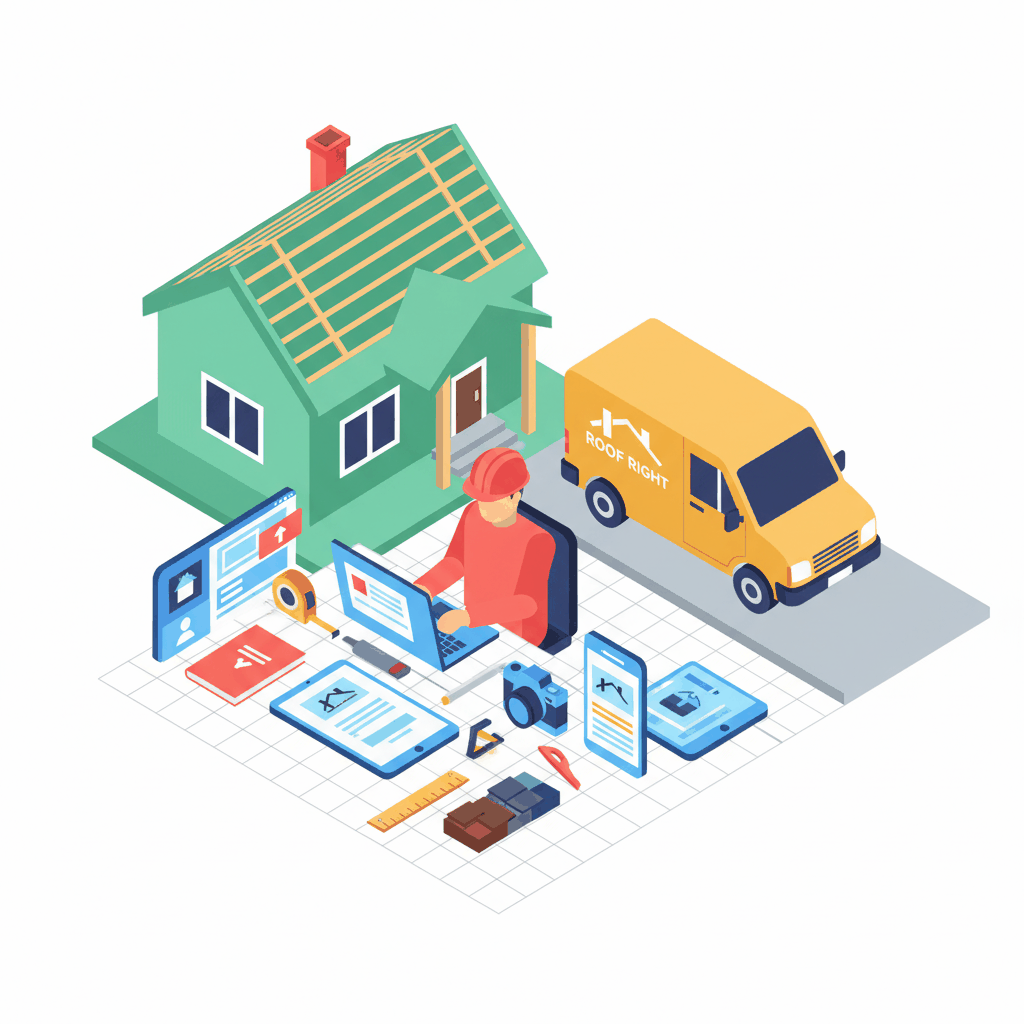 Isometric illustration of roofing company content marketing workspace - roofing content marketing mistakes