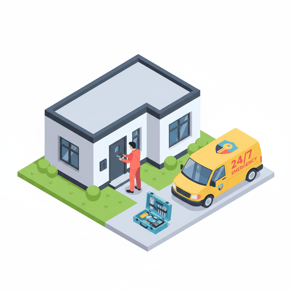 Professional locksmith technician responding to emergency lockout - isometric illustration showing branded vehicle and organized tools