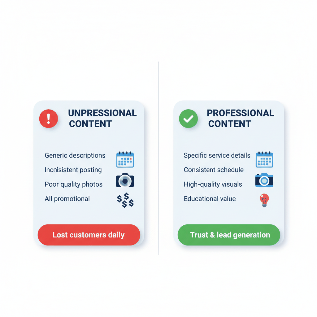 Before and after comparison showing impact of professional vs unprofessional roofing content marketing strategies