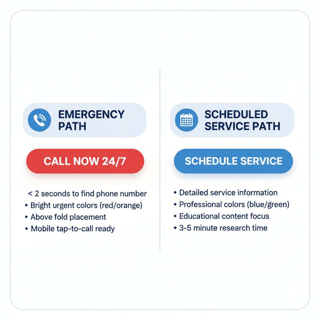 Emergency vs scheduled service website design comparison showing different customer paths and conversion strategies for locksmith websites