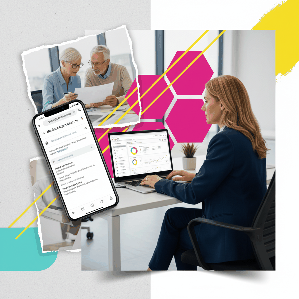 Mixed media collage showing Medicare agent using SEO and digital marketing tools - Medicare SEO strategy guide