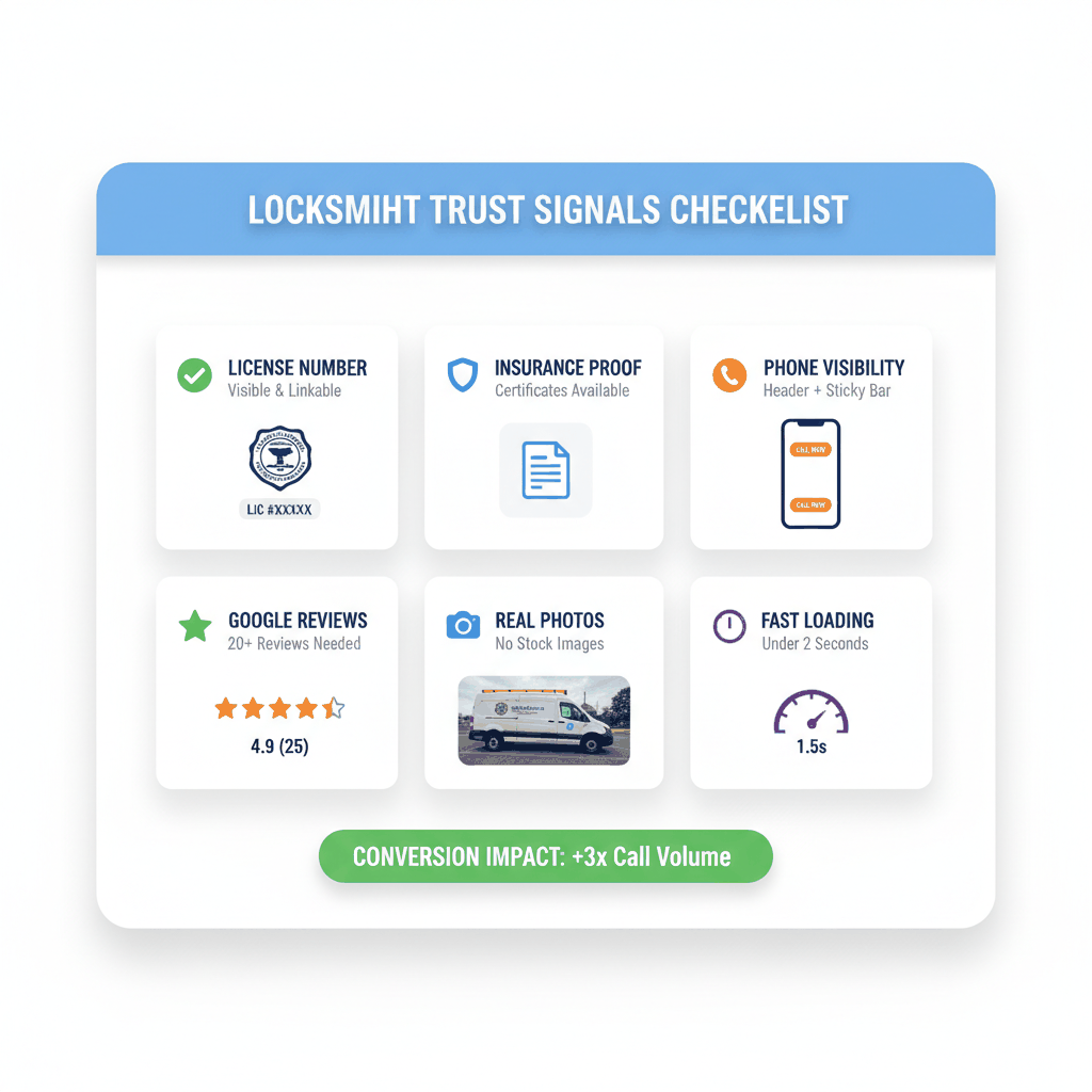 Essential locksmith website trust signals checklist showing license display, insurance proof, phone visibility, reviews, real photos, and site speed requirements