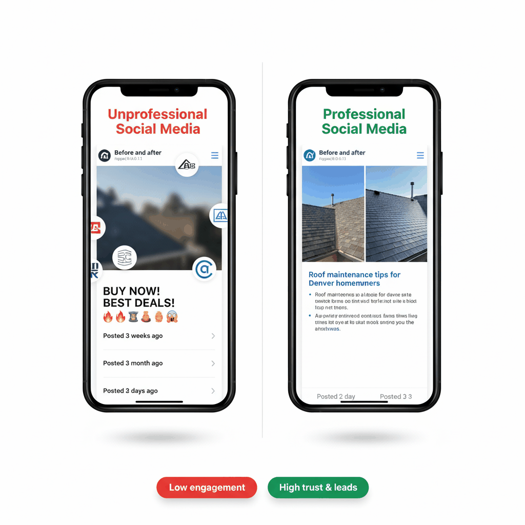 Side-by-side comparison of unprofessional vs professional roofing company social media content quality and engagement