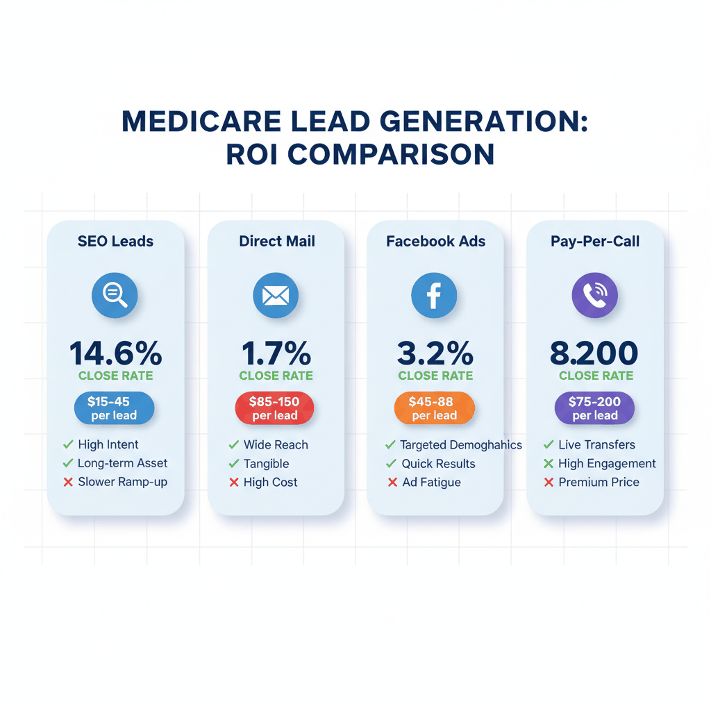 Medicare lead generation ROI comparison chart showing SEO leads 14.6% close rate versus direct mail 1.7% - Medicare agent marketing strategy