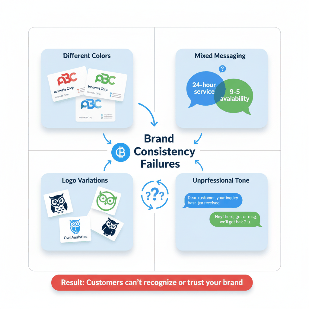 Examples of brand consistency failures in roofing company marketing - different colors, mixed messaging, logo variations, unprofessional communication