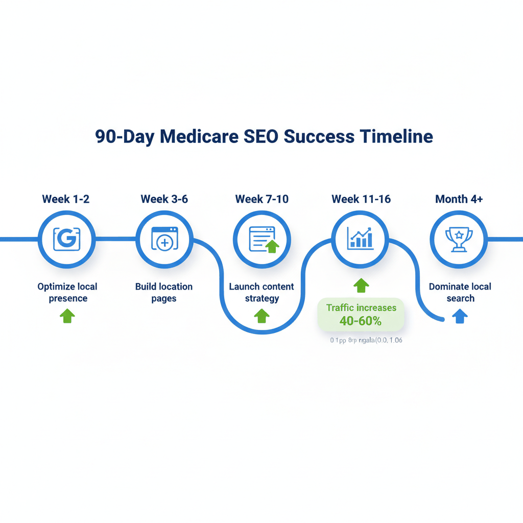 90-day Medicare SEO timeline showing strategy milestones from Google Business Profile optimization to local search dominance