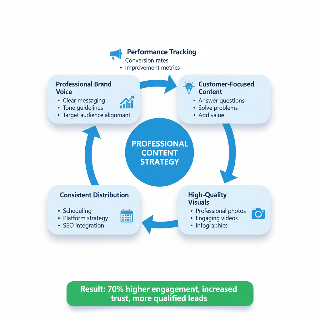 Professional content strategy framework for roofing companies showing customer-focused content, quality visuals, consistent distribution, brand voice, and performance tracking