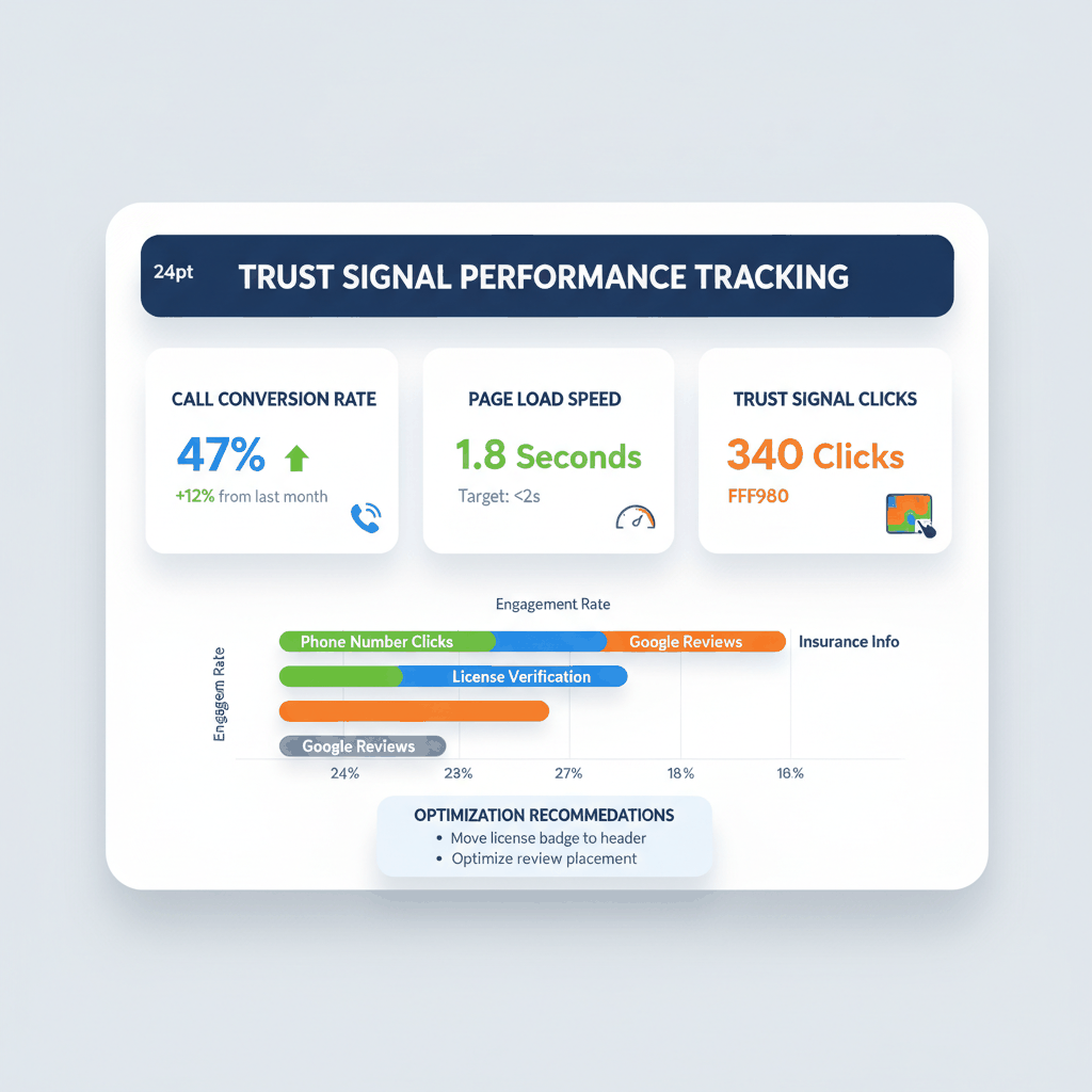 Trust signal performance tracking dashboard showing call conversion rates, page load speed, and click tracking analytics for locksmith website optimization