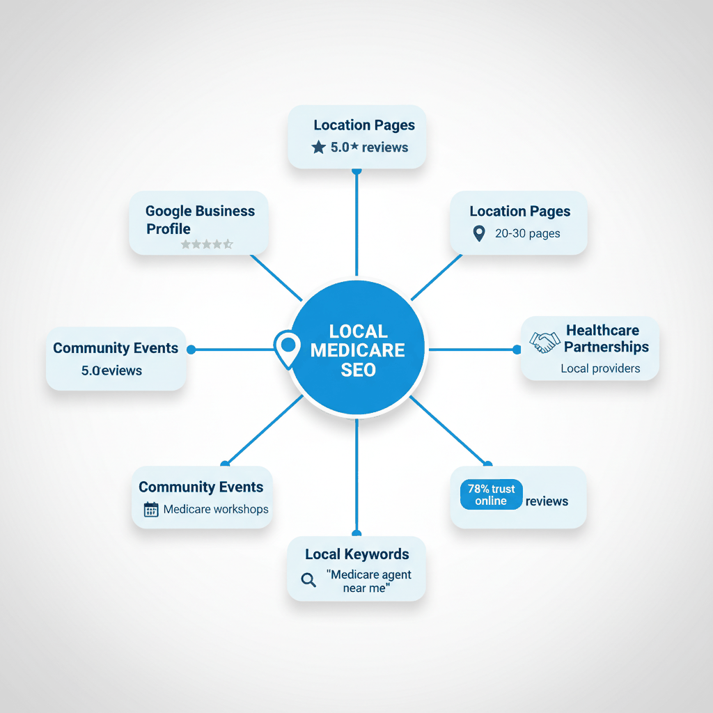 Local Medicare SEO strategy hub diagram showing Google Business Profile, location pages, reviews, and community connections