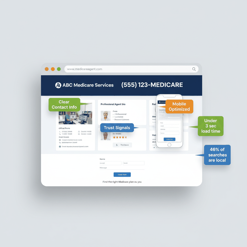 Medicare agent website optimization mockup showing contact info, trust signals, and mobile-friendly design elements