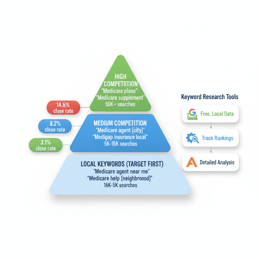 Medicare SEO keyword research pyramid showing local keywords strategy with competition levels and conversion rates