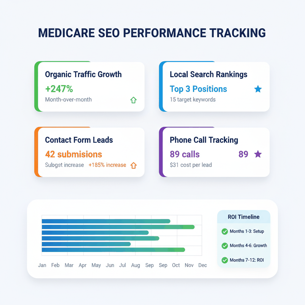 Medicare SEO performance dashboard showing organic traffic growth, rankings, leads, and ROI timeline metrics