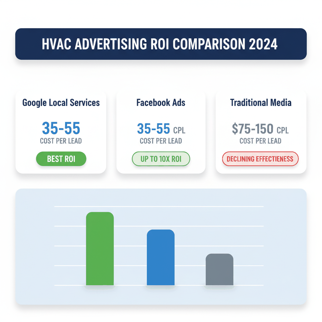 HVAC advertising ROI comparison showing Google Local Services Ads and Facebook ads deliver $35-55 cost per lead with up to 10x ROI - best HVAC marketing strategies 2024