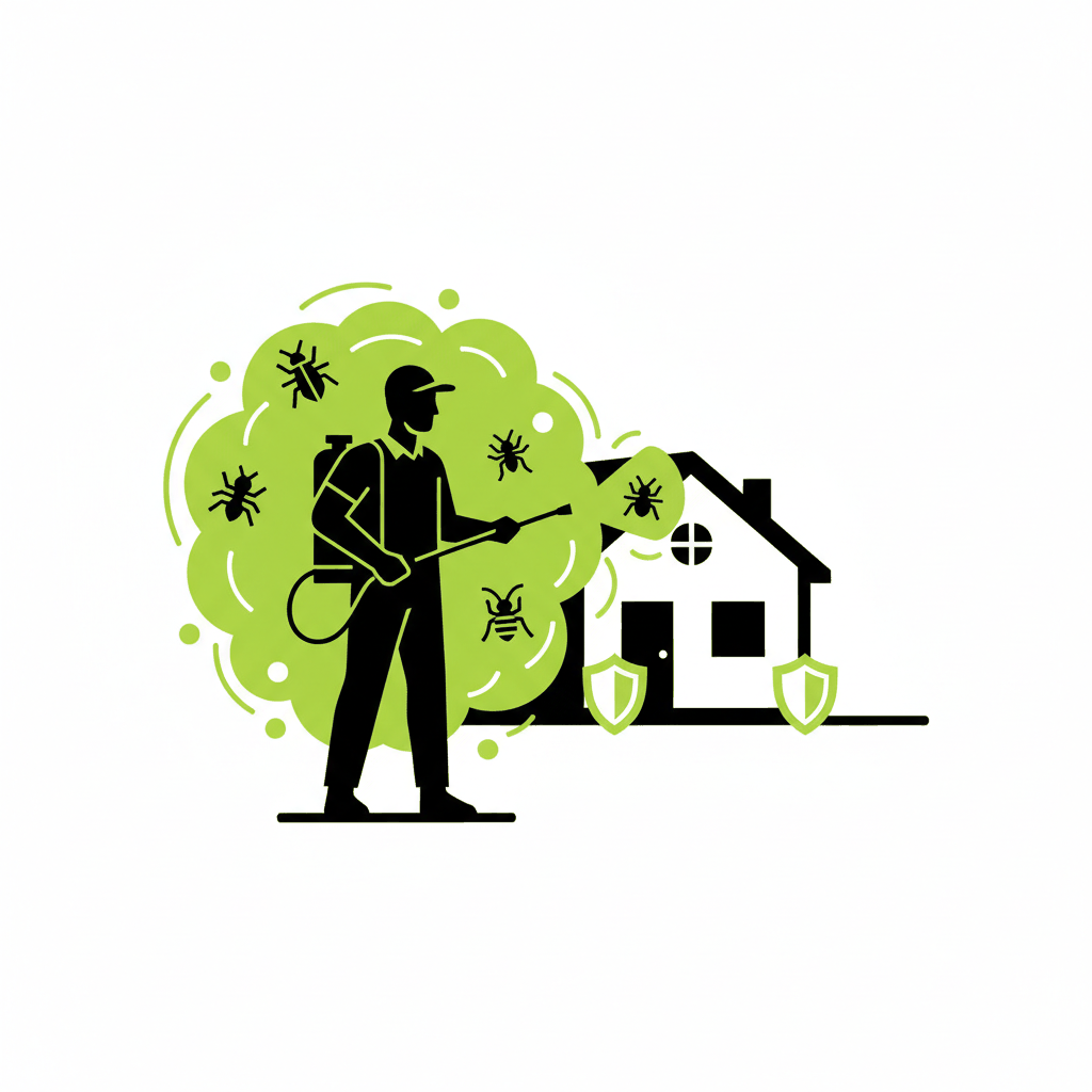 Bold graphic illustration of pest control professional treating home perimeter - 90-day customer retention plan