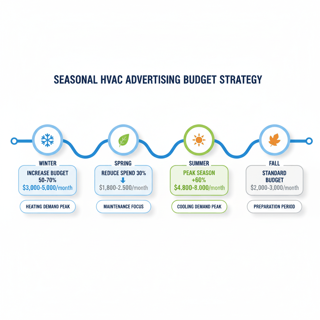 HVAC seasonal budget allocation timeline showing 50-70% budget increases during winter and summer peak seasons for maximum advertising ROI
