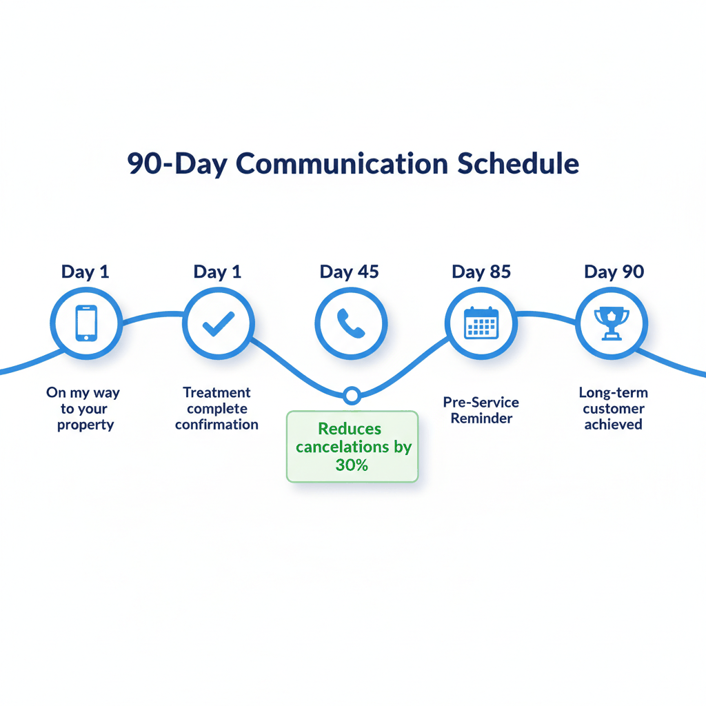 90-day pest control customer communication timeline showing five key touchpoints that reduce cancellations by 30%