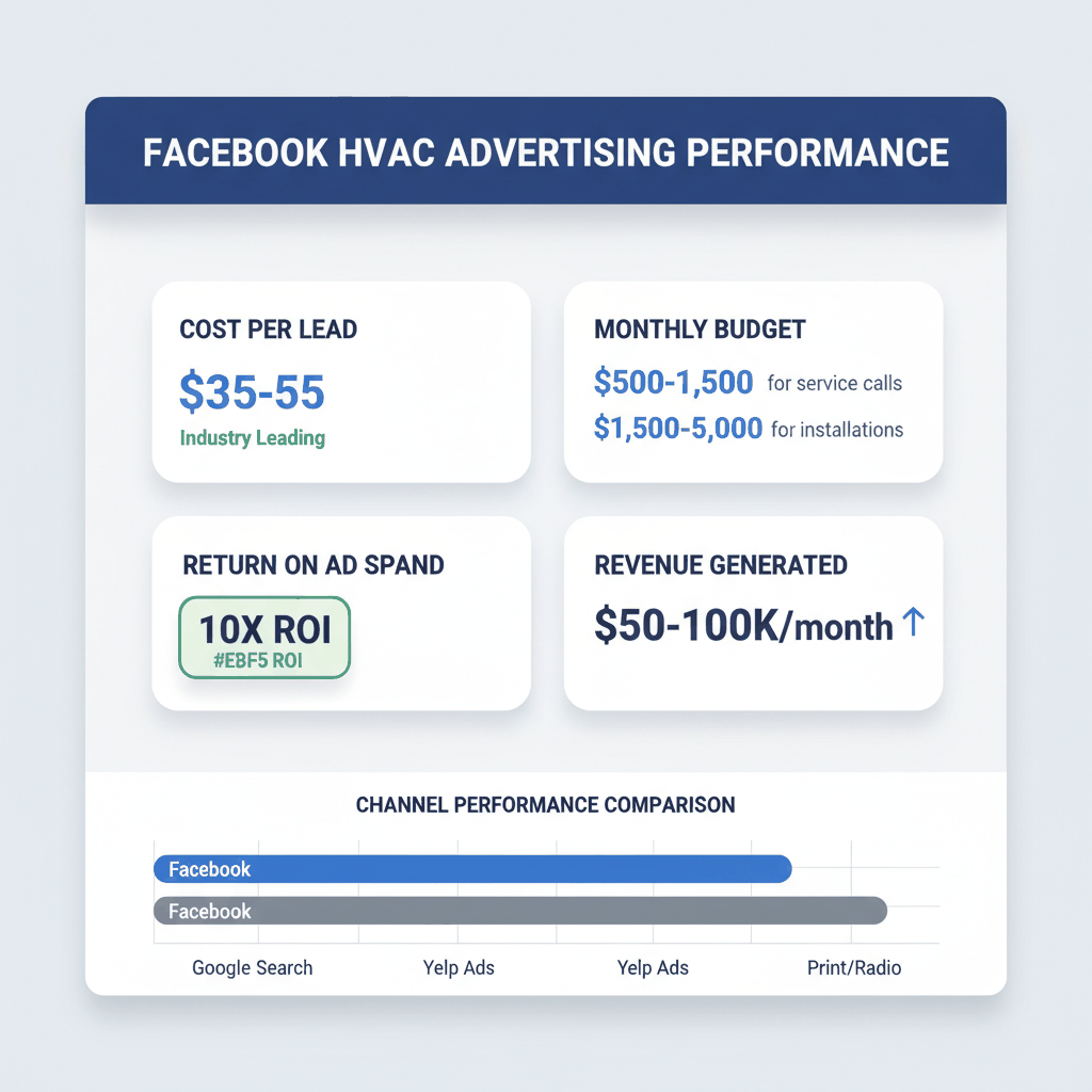 Facebook HVAC advertising performance dashboard showing $35-55 cost per lead and 10x ROI potential with $50-100k monthly revenue generation