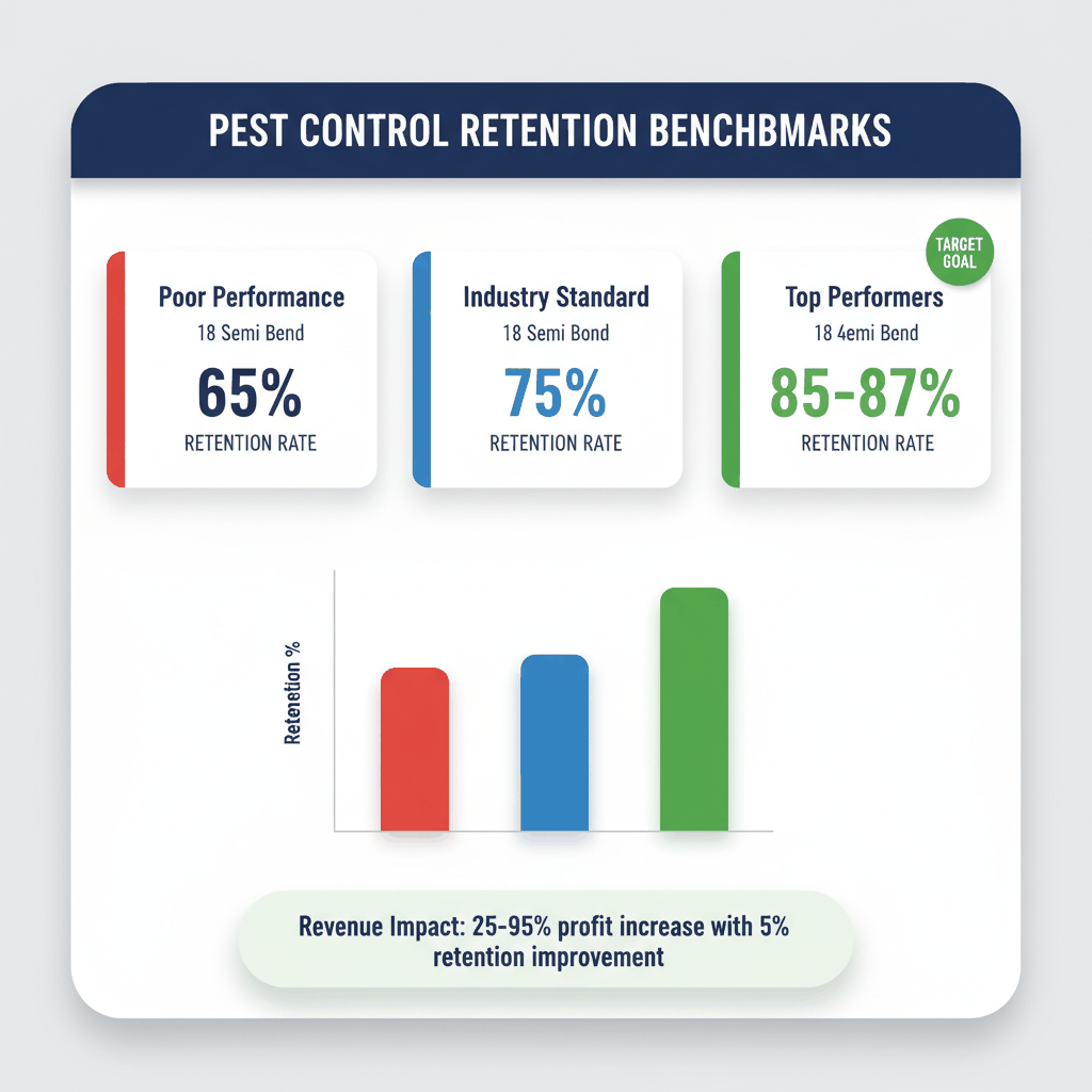 Pest control customer retention rate benchmarks showing poor performance at 65%, industry standard at 75%, and top performers at 85-87%