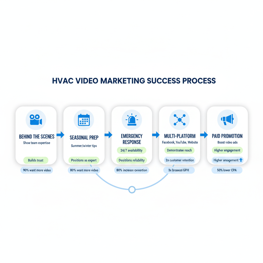 HVAC video marketing strategy process showing behind-the-scenes content, seasonal prep videos, and emergency response content that increases conversions by 80%