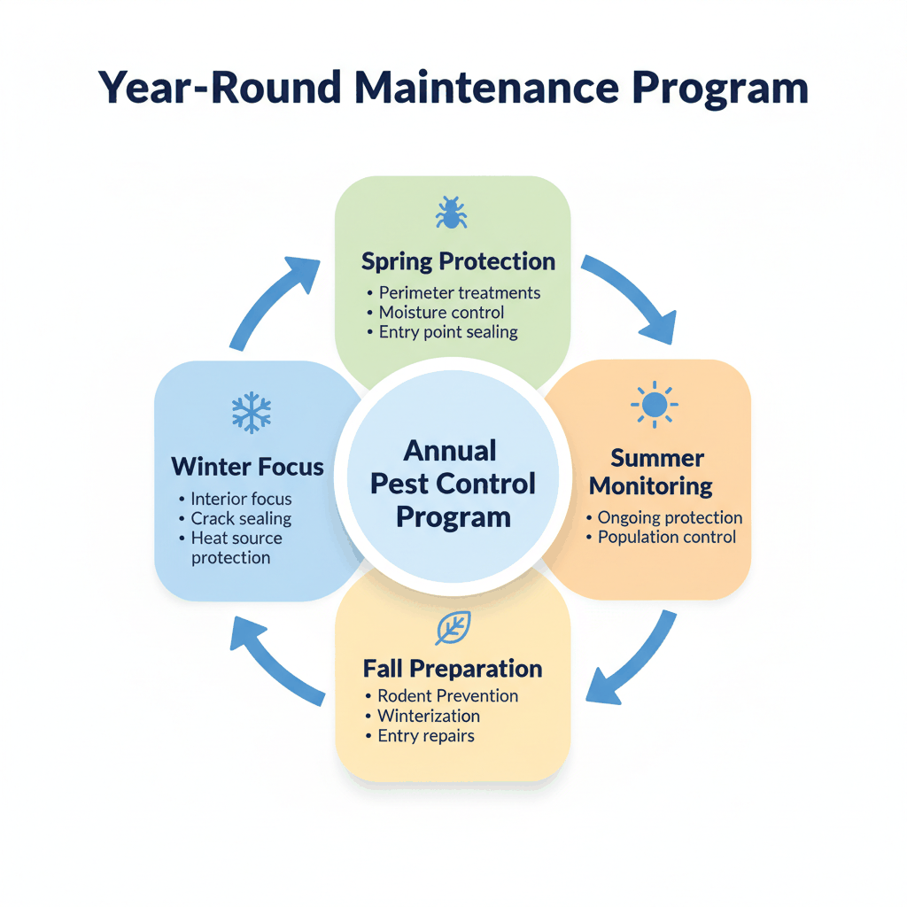 Seasonal pest control maintenance program calendar showing spring perimeter treatments, summer monitoring, fall rodent prevention, and winter protection