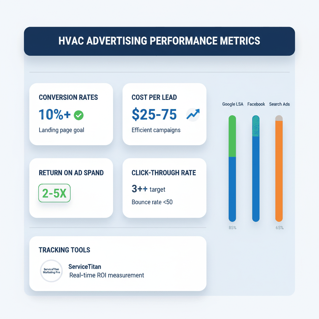 HVAC advertising performance tracking dashboard showing target metrics: 10%+ conversion rates, $25-75 cost per lead, and 2-5x return on ad spend with ServiceTitan integration