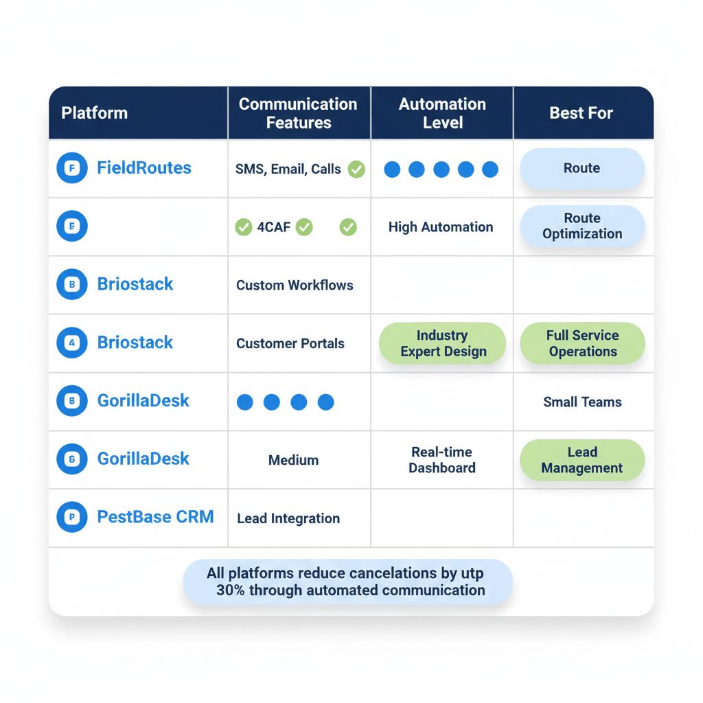 Pest control CRM platform comparison showing FieldRoutes, Briostack, GorillaDesk, and PestBase features for customer retention automation