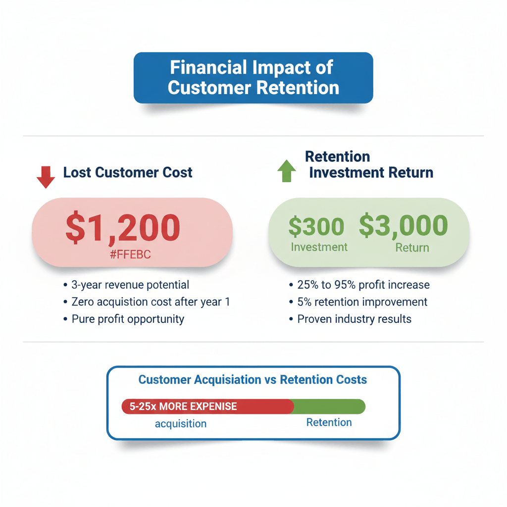 Pest control customer lifetime value showing $1,200 revenue per retained customer versus retention investment costs and 25-95% profit increase potential